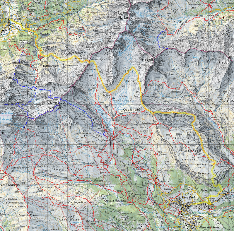 Karte Tagestour Elm - Segnaspass - Fil de Cassons - Flims