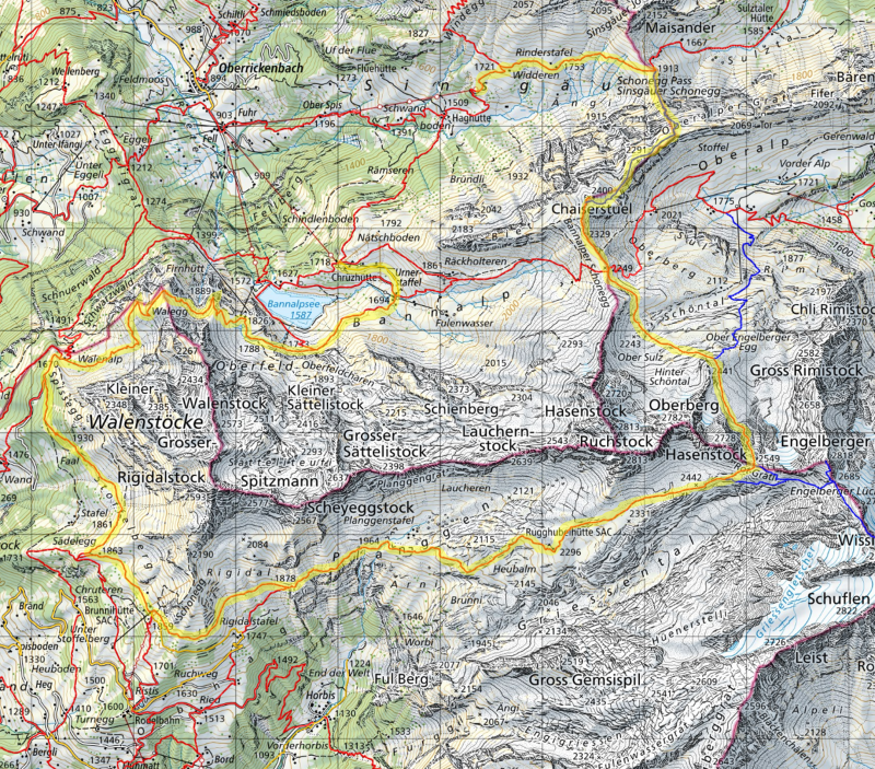 Karte  Bannalp-Höhenwege mit Chaiserstuel, Brunnihütte, Walenpfad