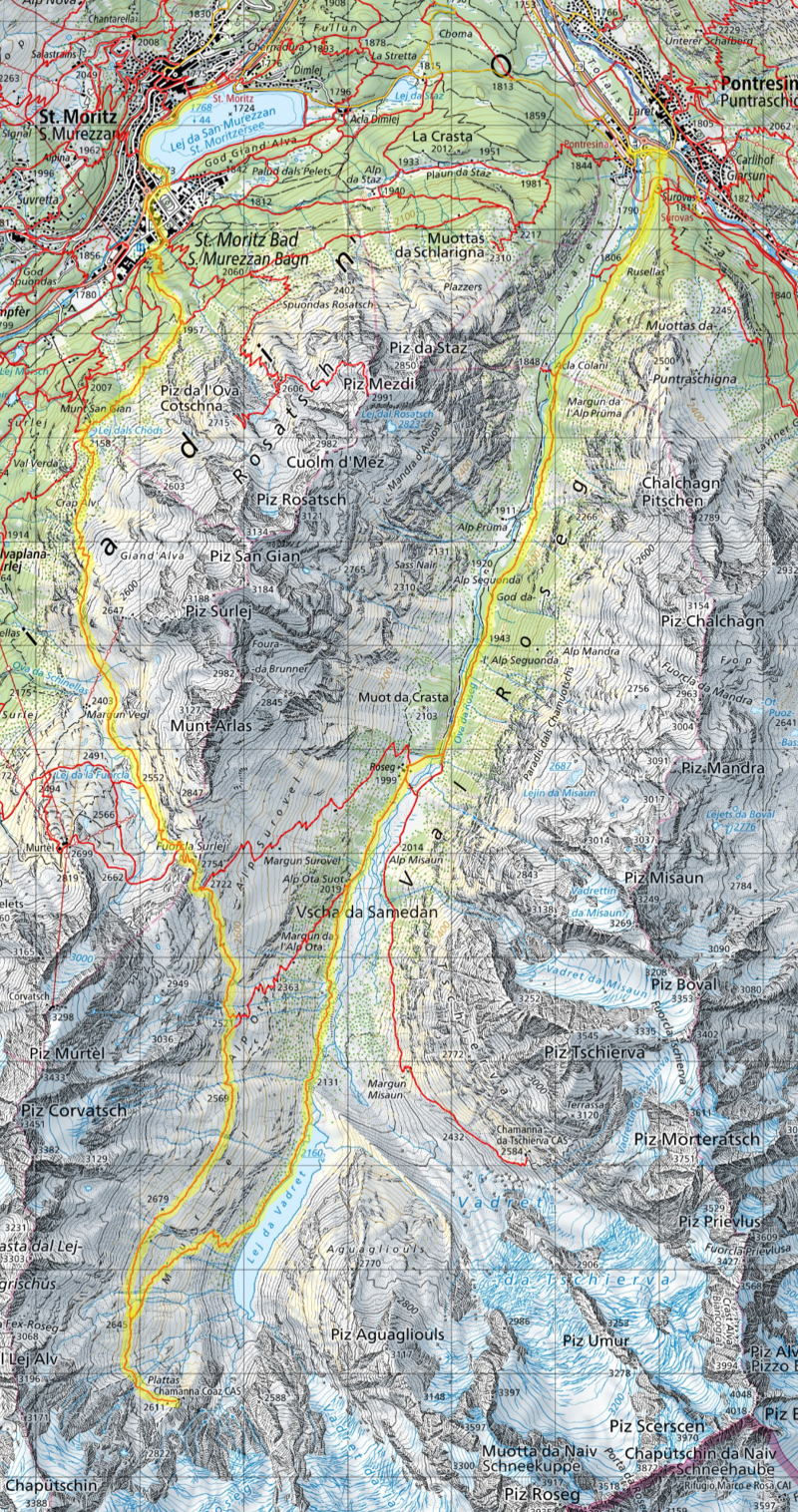 Tagestour Pontresina - Val Roseg - Chamanna Coaz - Fuorcla Surlej - Lai dals Chöds - St. Moritz Höhenprofil