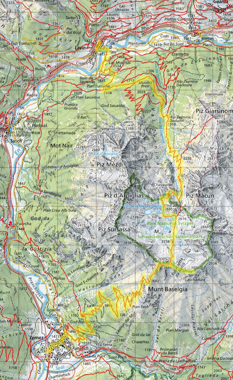 Karte Tageswanderung Nationalpark Macun