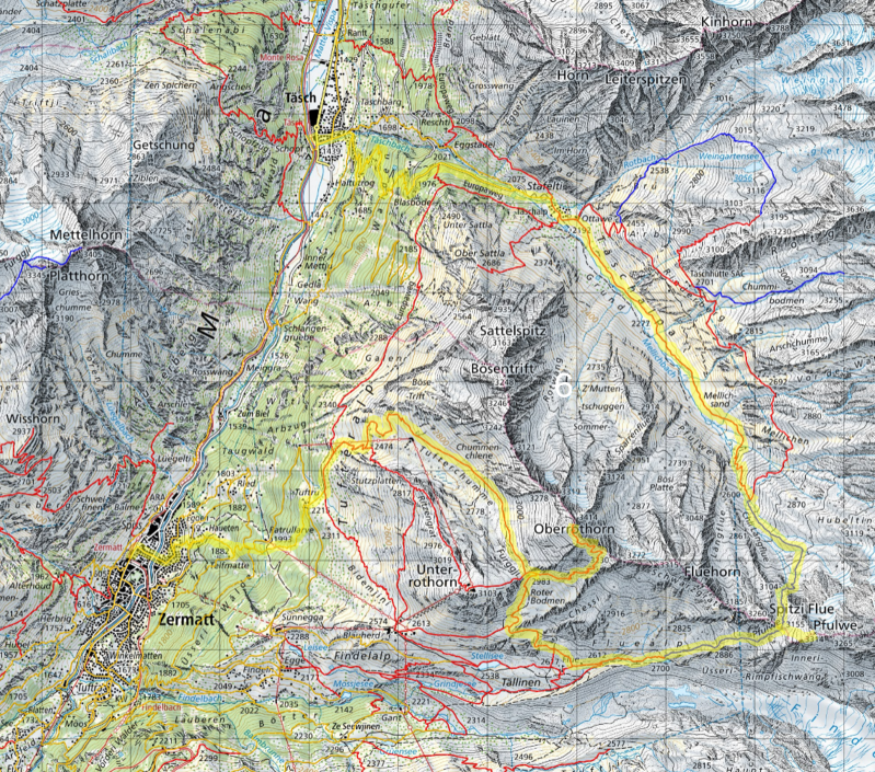 Karte Tagestour Täsch - Täschalp - Pfulwe - Oberrothorn - Zermatt