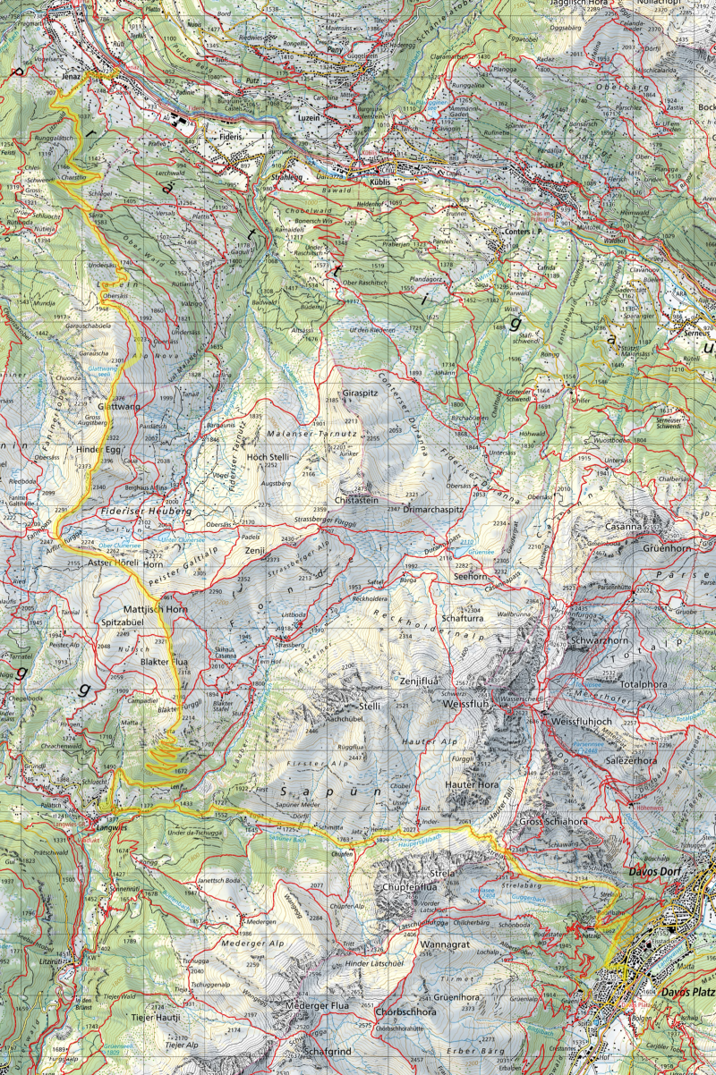 Karte Tagestour Prättigau Davos über Mattjisch Horn, Langwies und Strelapass