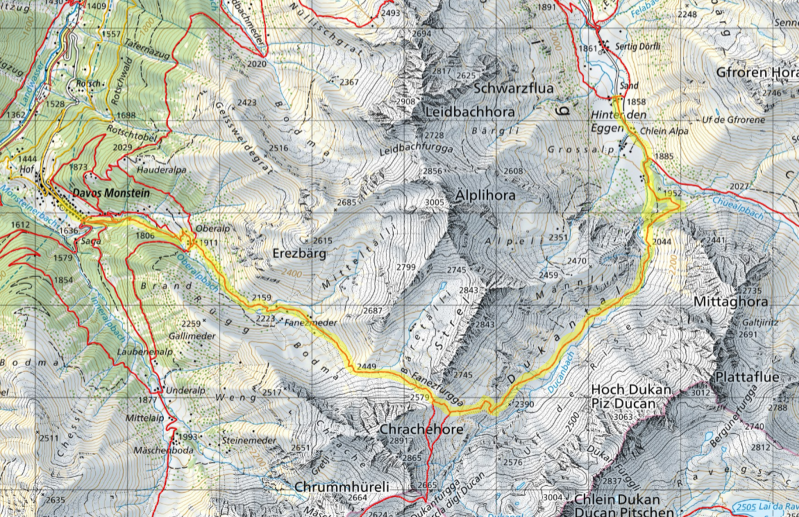 Karte Wanderung Davos Monstein - Davos Sertig über Fanezfurgga