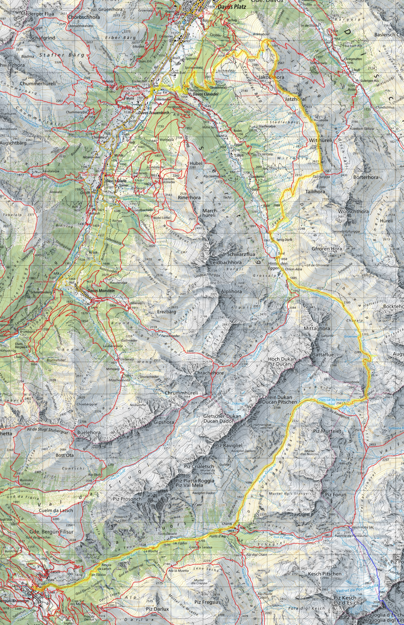 Karte Tagestour Davos - Jakobshorn - Sertig - Lai da Ravais-ch - Bergün