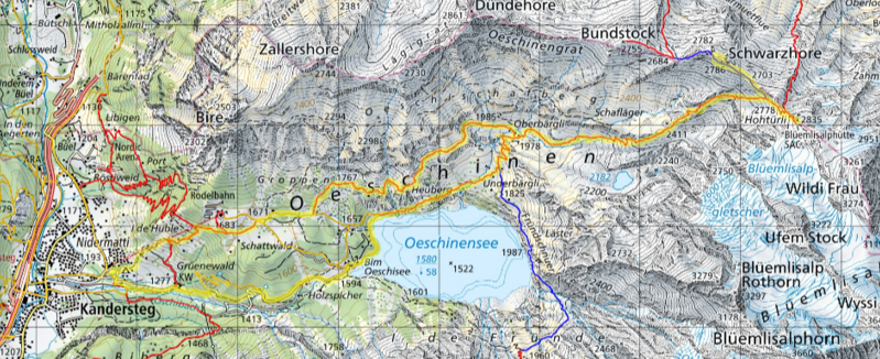 Karte SChwarzhore, Blüemlisalphütte Oeschinensee