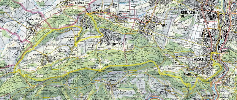 Karte Tagestour im Jura bei Basel Aesch - Mariastein - Flüh
