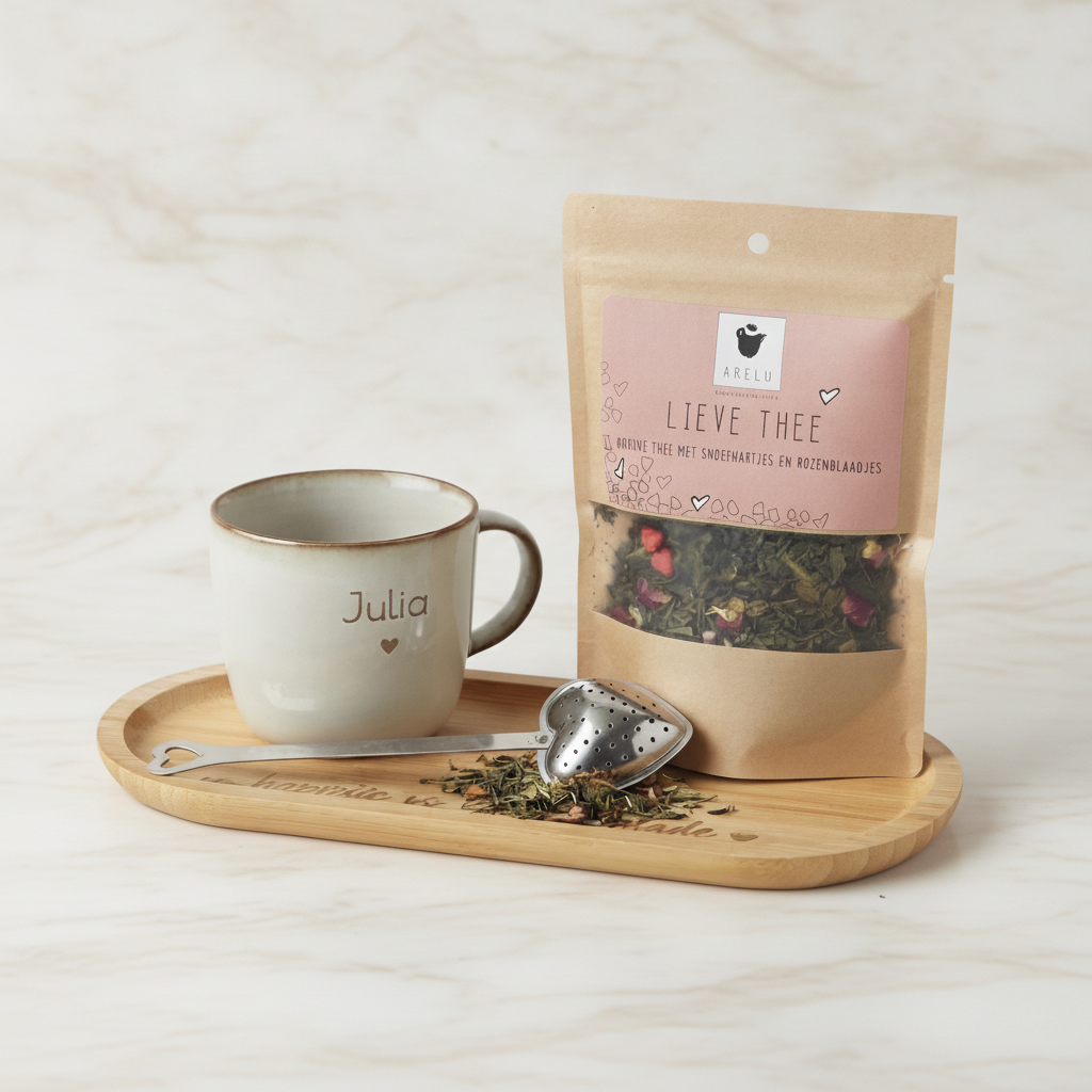 Cadeauset thee | Gepersonaliseerde mok + serveerplankje + wijnthee