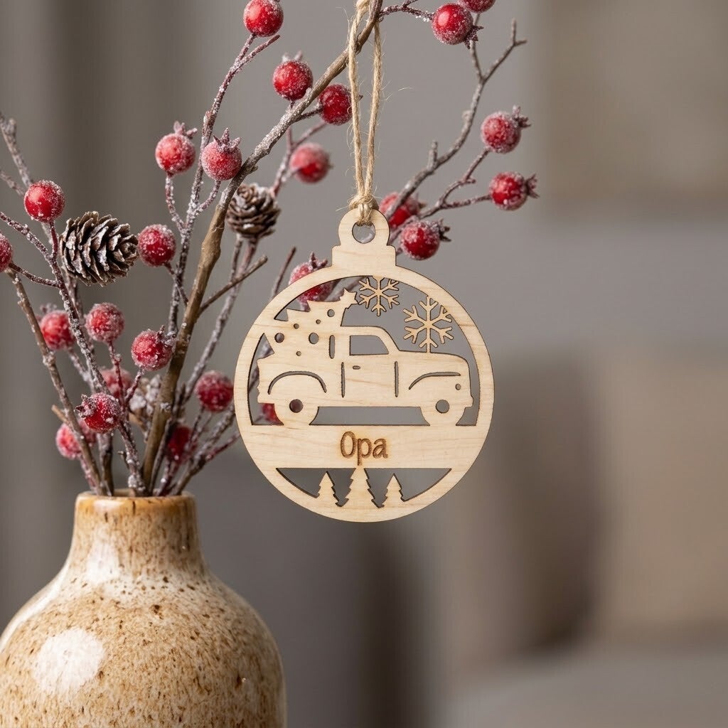 Gepersonaliseerde kerstbal hout | Pick-up met kerstboom