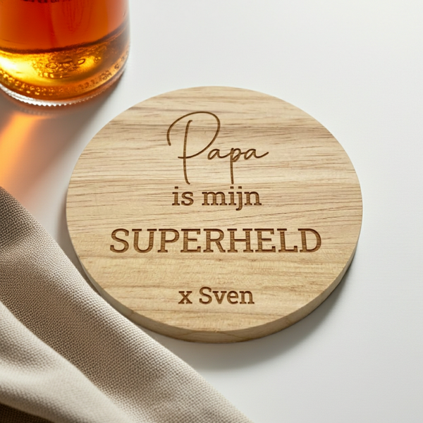 Houten onderzetter met tekst
