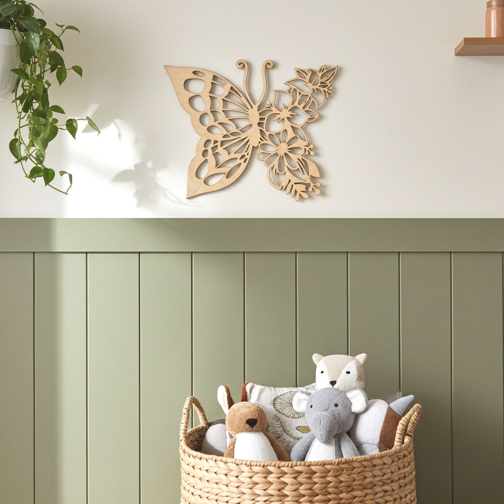 Wanddecoratie hout | Vlinder met bloemendetails