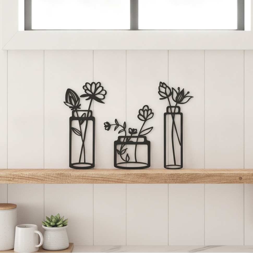 Wanddecoratie hout bloemen in vaas | Set van 3 | #1