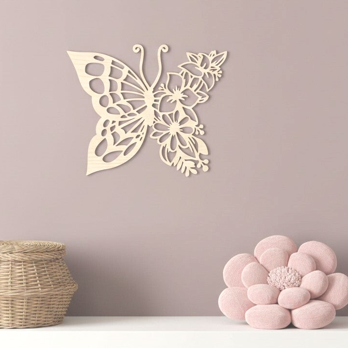 Wanddecoratie hout kinderkamer | Vlinder met bloemendetails