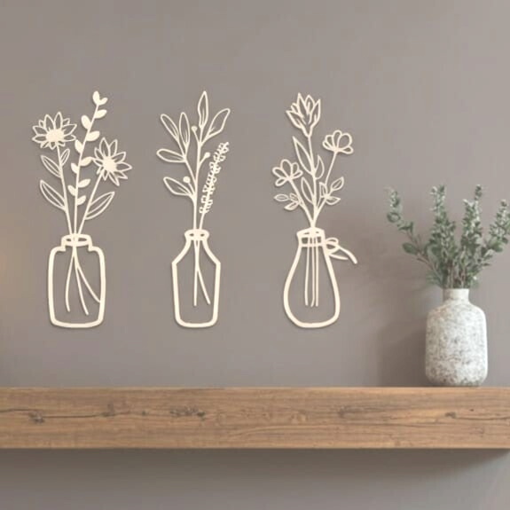 Wanddecoratie hout bloemen in vaas | Set van 3 | #2