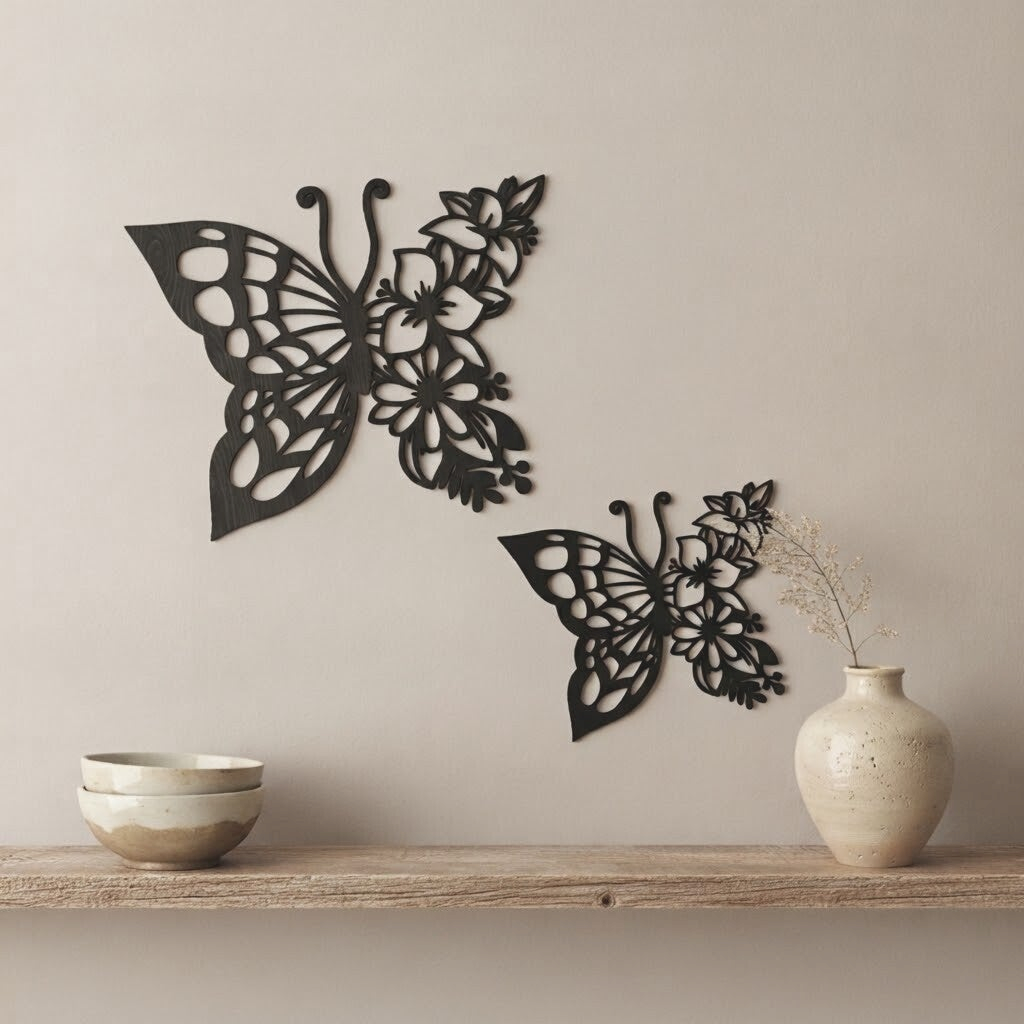 Wanddecoratie hout | Vlinder met bloemendetails