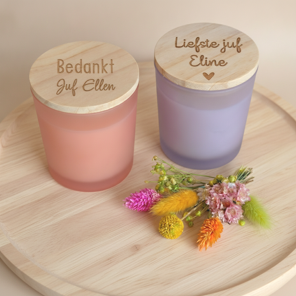 Geurkaars met houten deksel en tekst