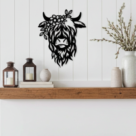 Wanddecoratie hout | Schotse Hooglander met bloemendetails