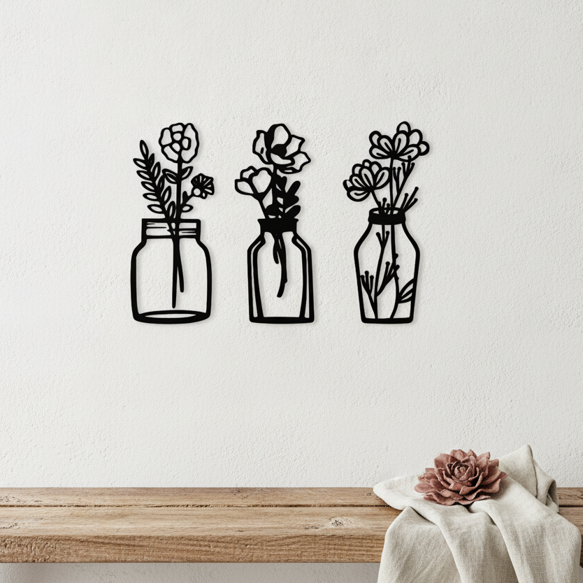 Wanddecoratie hout bloemen in vaas | Set van 3 | #3