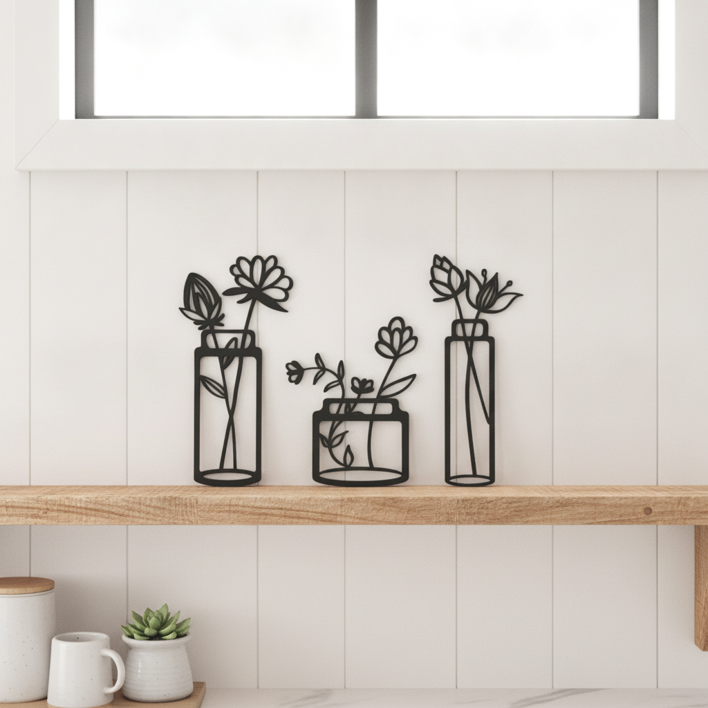 Wanddecoratie hout bloemen in vaas | Set van 3 | #1