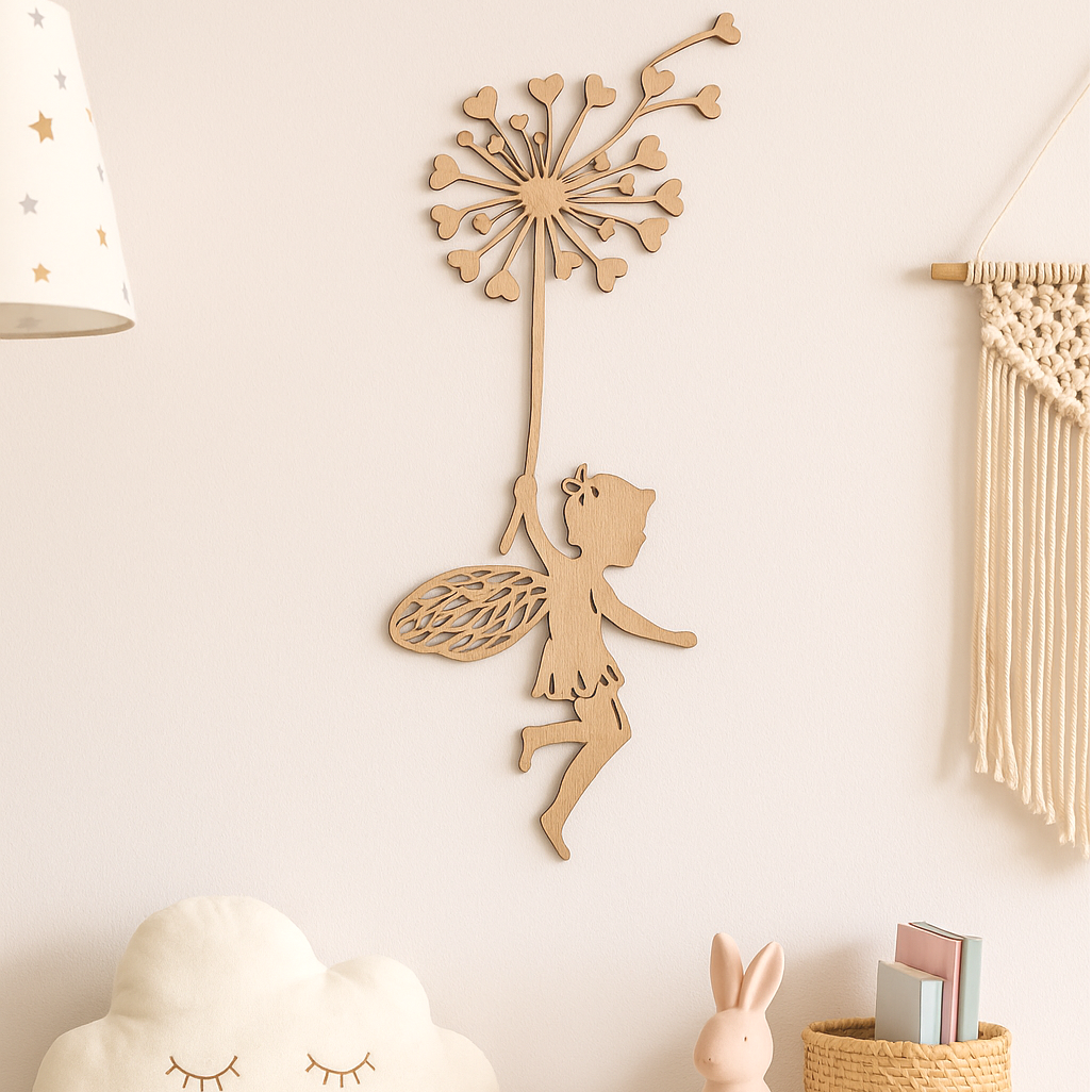 Wanddecoratie hout | Elfje met paardenbloem