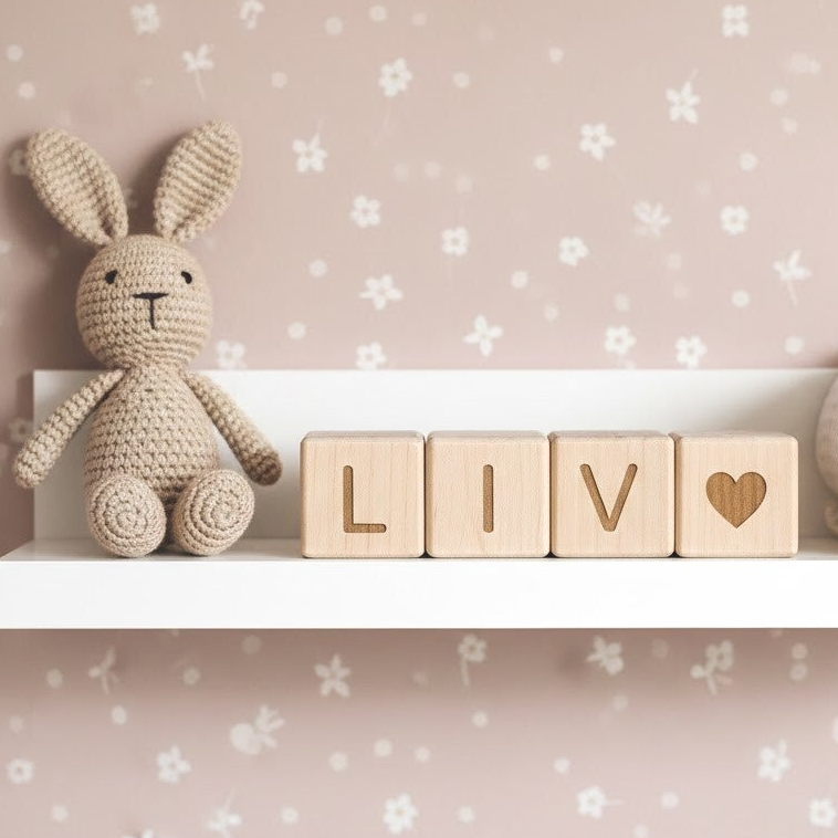 Houten blokken met naam | Gegraveerde letters en icoon