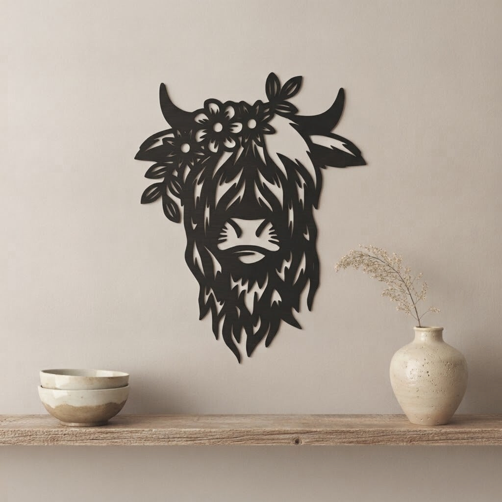 Wanddecoratie hout | Schotse Hooglander met bloemendetails