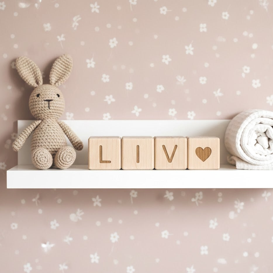 Houten blokken met naam | Gegraveerde letter en icoon