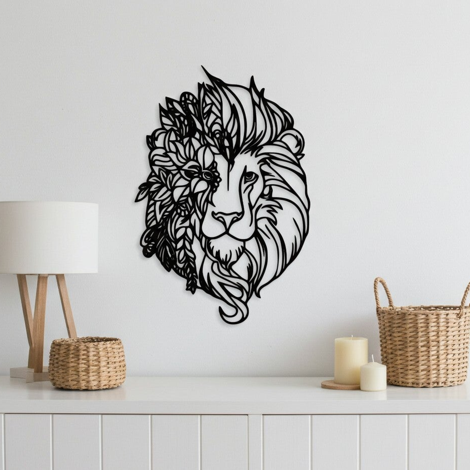 Wanddecoratie hout | Leeuw met bloemendetails