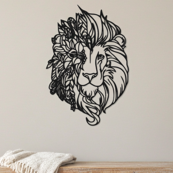 Wanddecoratie hout | Leeuw met bloemendetails