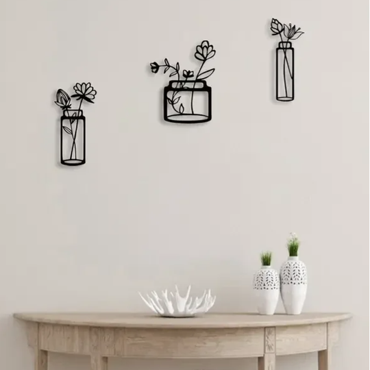 Wanddecoratie hout bloemen in vaas | Set van 3 | #1