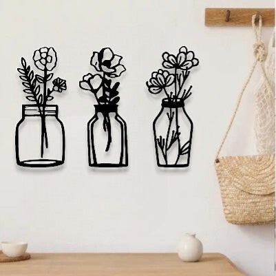 Wanddecoratie hout bloemen in vaas | Set van 3 | #3
