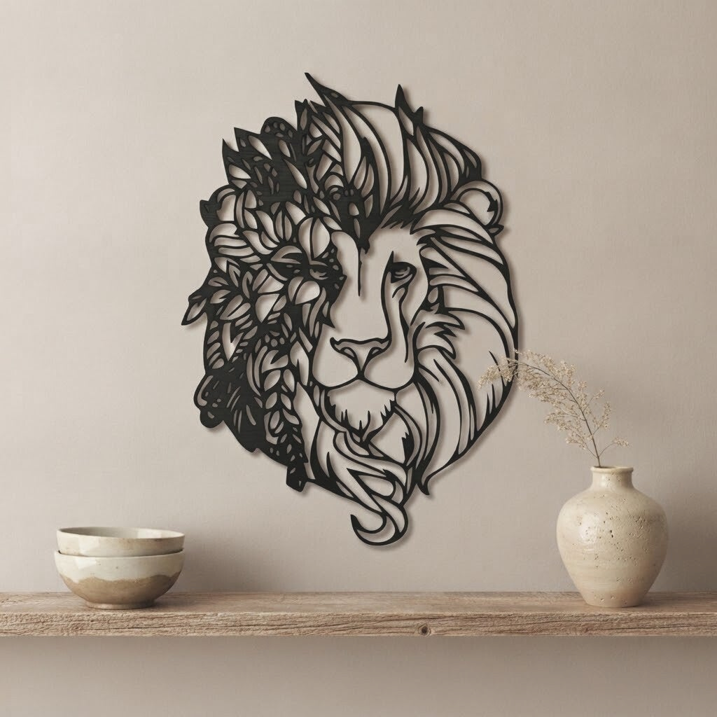 Wanddecoratie hout | Leeuw met bloemendetails