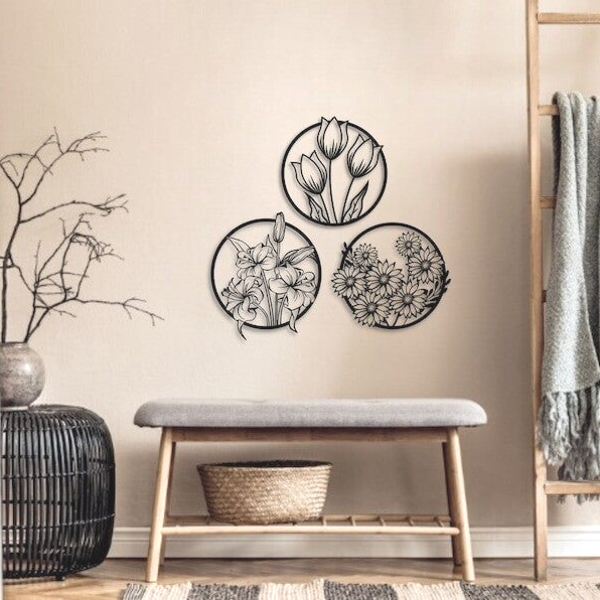 Muurcirkel hout bloem | Set van 3