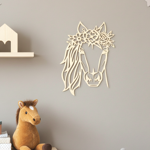 Wanddecoratie hout | Paard met bloemendetails