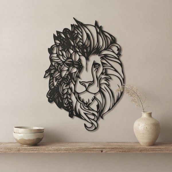 Wanddecoratie hout | Leeuw met bloemendetails