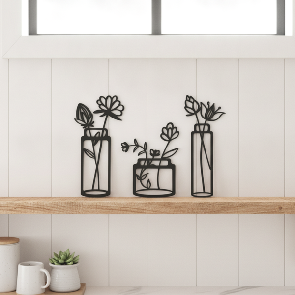 Wanddecoratie hout bloemen in vaas | Set van 3 | #1