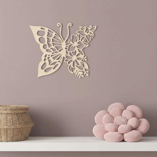 Wanddecoratie hout kinderkamer | Vlinder met bloemendetails
