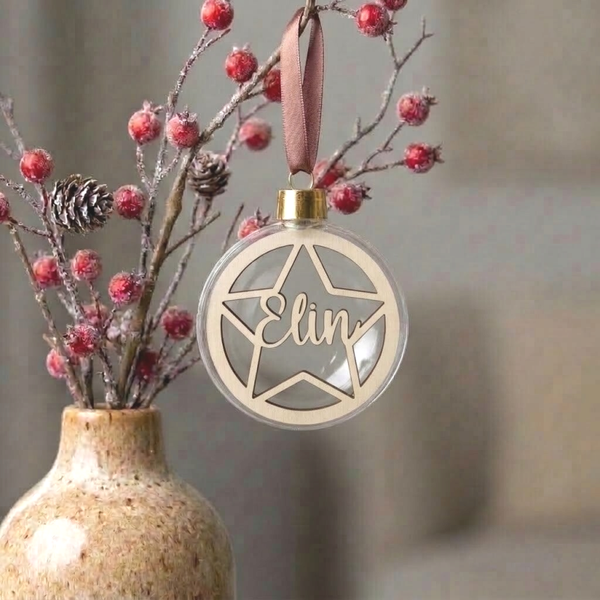Gepersonaliseerde kerstbal | Transparant met houten naam