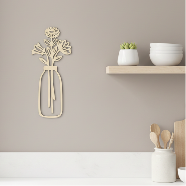 Wanddecoratie hout | Vaas met madeliefjes