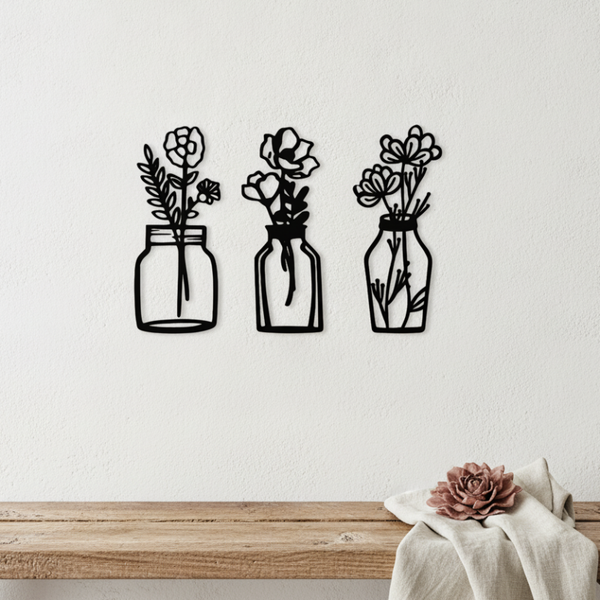 Wanddecoratie hout bloemen in vaas | Set van 3 | #3