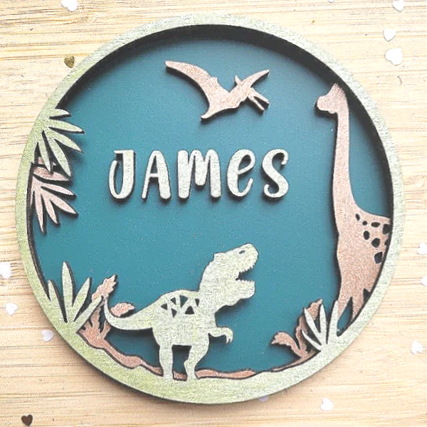 Naambordje Dino | Met extra 3D- effect (3-laags)