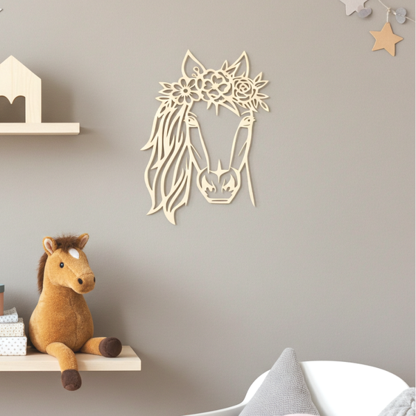 Wanddecoratie hout | Paard met bloemendetails