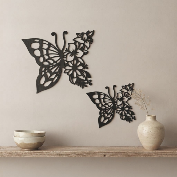 Wanddecoratie hout | Vlinder met bloemendetails