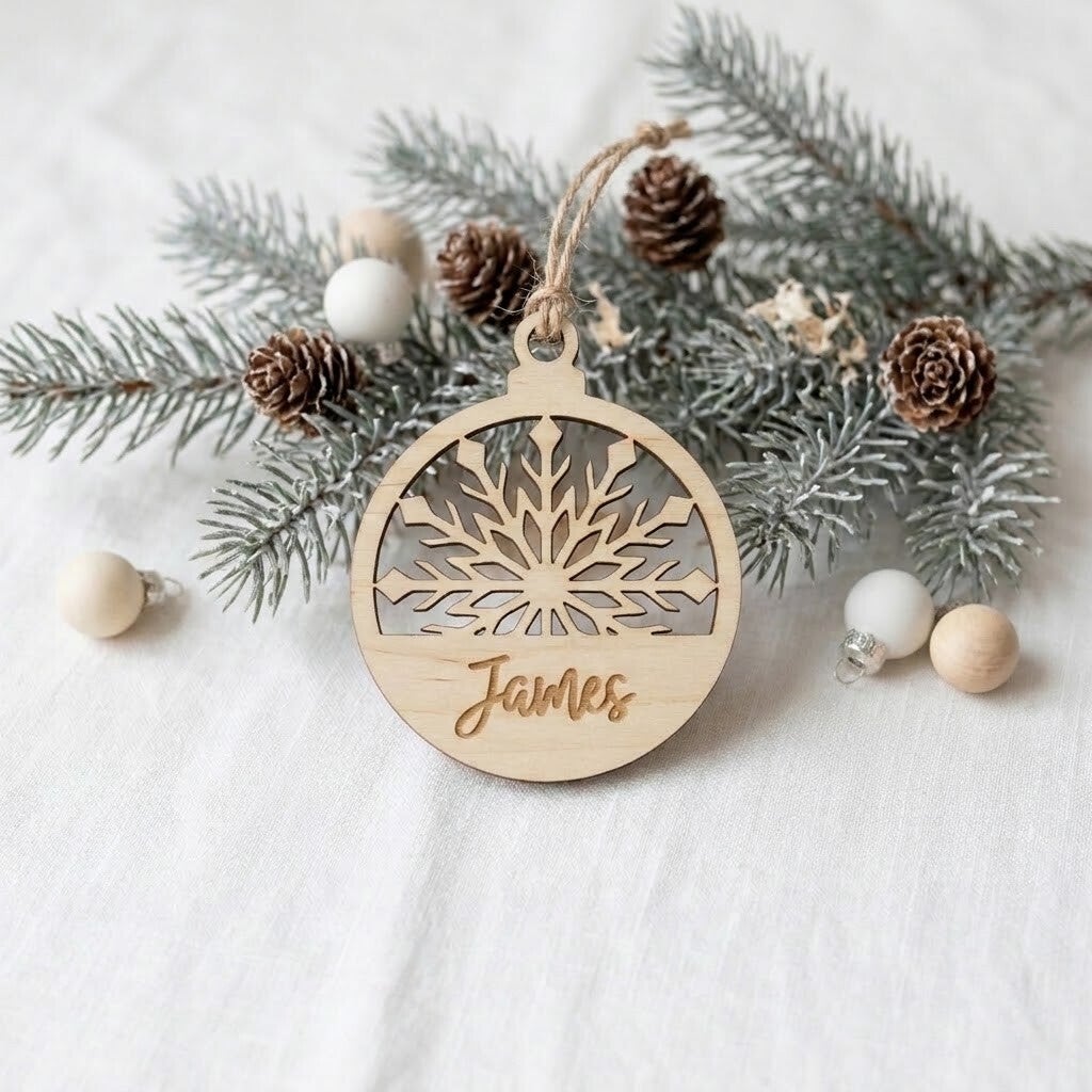 Kerstbal met naam hout | Gegraveerde tekst