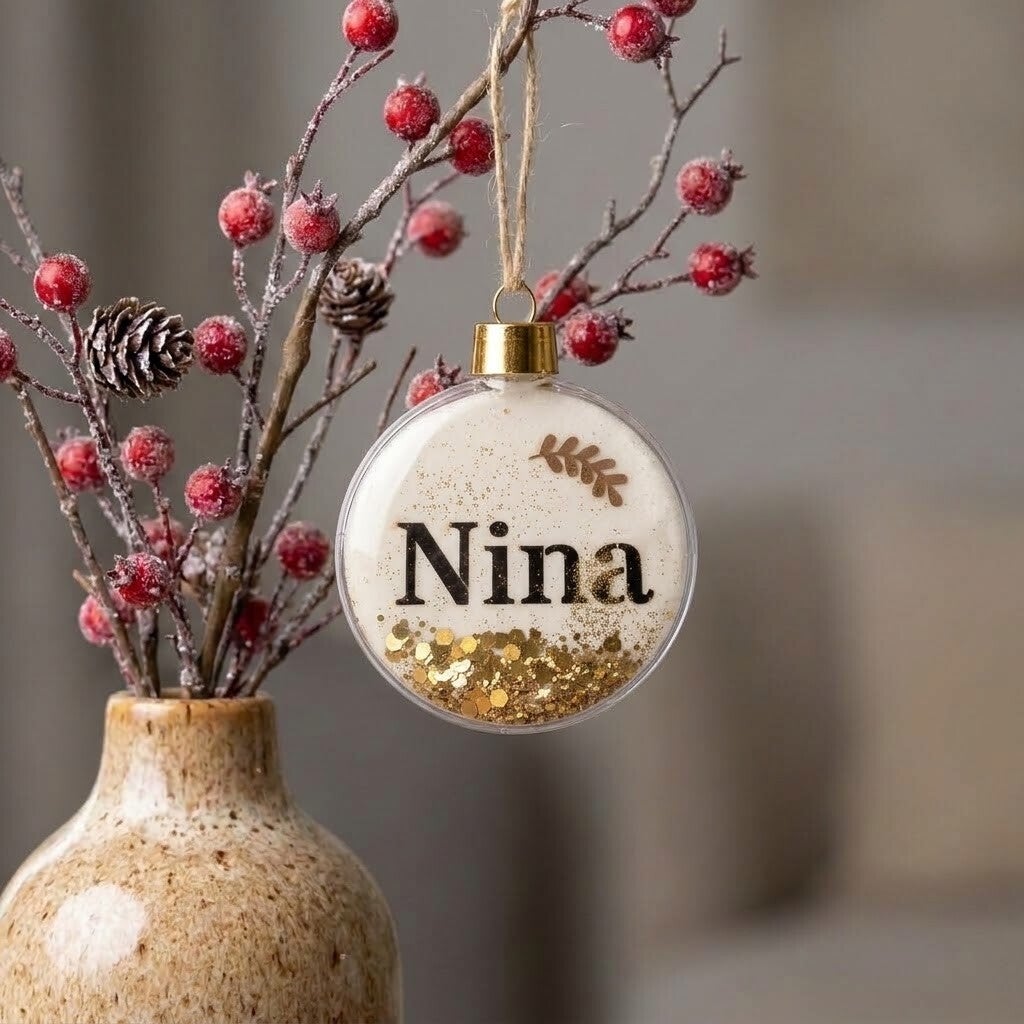 Kerstbal met naam en glitters | Feestelijk kerstcadeau
