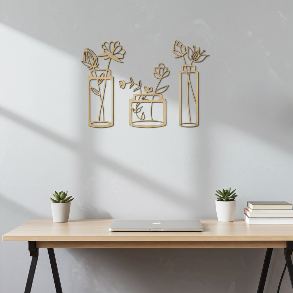 Wanddecoratie hout bloemen in vaas | Set van 3 | #1