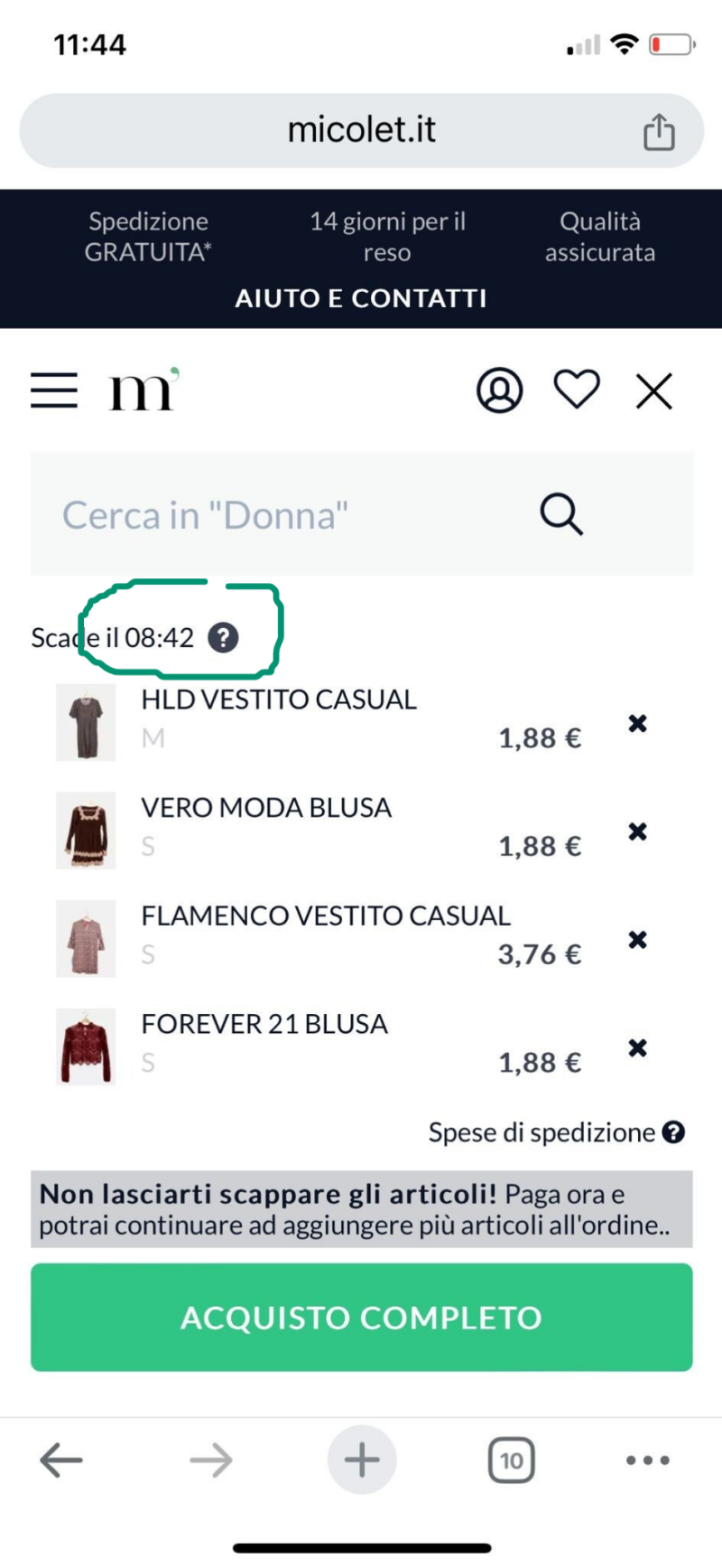 micolet, timer nel carrello, vestiti usati