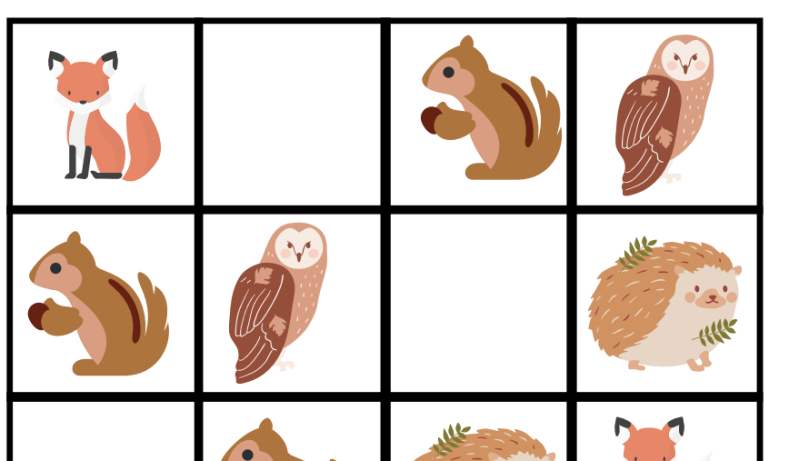 gratis download, spel, kinderen, sudoku, thema herfst, eekhoorn, uil, eigel, vos