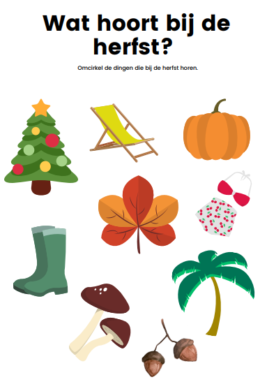 thema: herfst, wat hoort bij de herfst, spel, gratis download, kleuters, peuters
