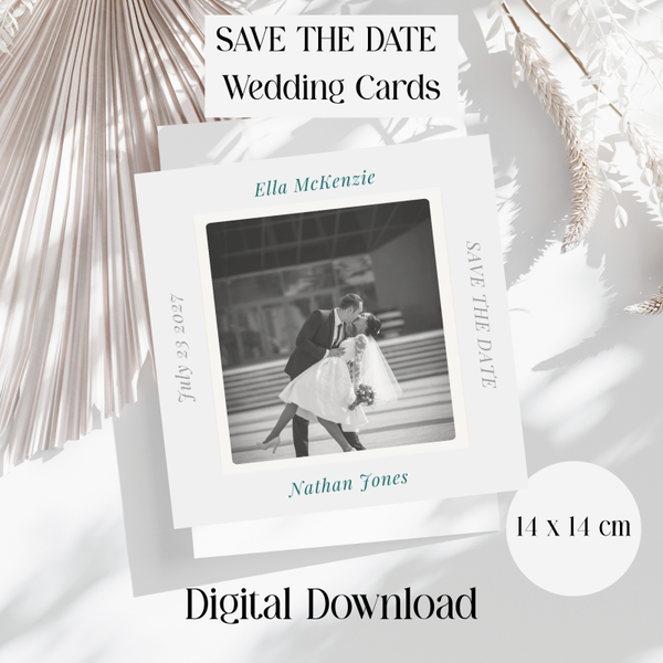 Digital Wedding Save The Date Cards. Grey/Cyan.