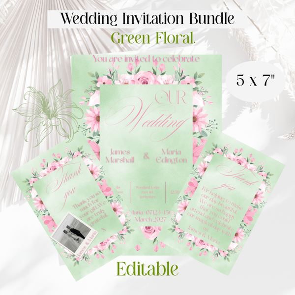 Digital Floral Wedding Invitation Bundle. Green Floral Invite.